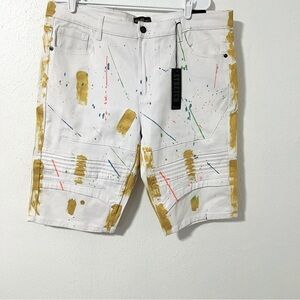 GS115 Mens Paint Splatter White Denim Shorts NWT Size 36 Stretch Streetwear